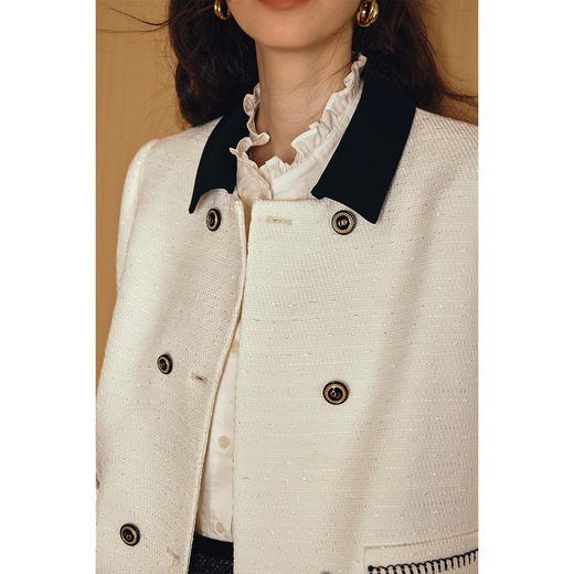 OLrain欧芮儿2025新款女秋季米白色撞色法式小香风粗纺外套上衣 商品图1