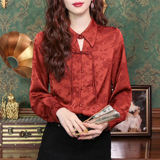 新中式国风红色雪纺衬衫女士春秋季新款时尚百搭气质小衫长袖衬衣 商品图0