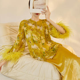 SS N7048新中式国风提花袖口羽毛拼接设计外套半裙套装