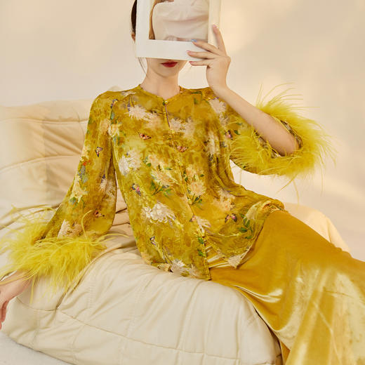 SS N7048新中式国风提花袖口羽毛拼接设计外套半裙套装 商品图0