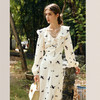 OLrain欧芮儿法式杏色连衣裙女秋季2025年新款V领荷叶边碎花裙 商品缩略图0