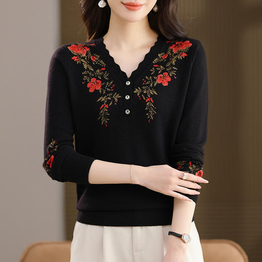 FCY SJ25826羊毛衫毛衣V领修身大码印花针织打底衫 商品图2