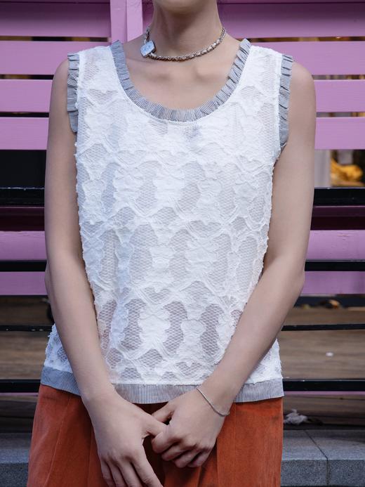 TYNVIE 白色纹理蕾丝条纹荷叶边饰边软壳面料 商品图9