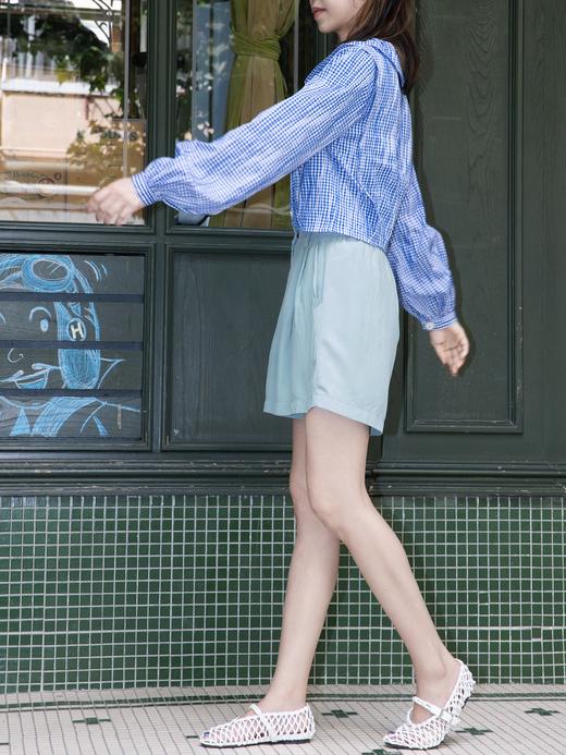 TYNVIE 荷叶边领子气球袖裹身短款衬衫-蓝色格纹 商品图9