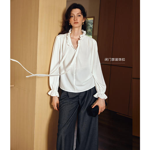 OLrain欧芮儿2025新款女秋季飘带法式雪纺衬衫荷叶边领长袖上衣 商品图0