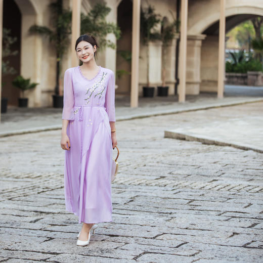 【林栖设计小店】【林栖推荐】幕山紫绣花合欢花天丝真丝不对称桑蚕丝飞片设计连衣裙女N1954111 商品图8