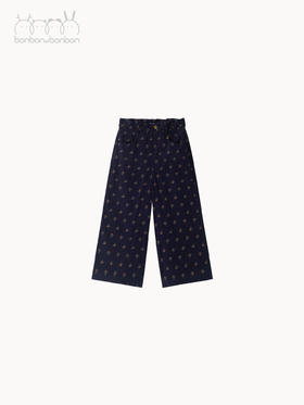 藏青灯芯绒碎花阔腿裤