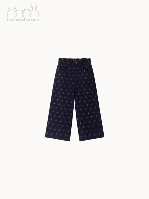 藏青灯芯绒碎花阔腿裤 商品图0