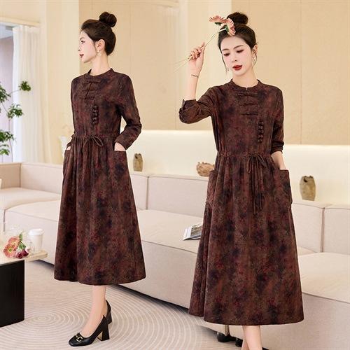 新中式复古盘扣碎花连衣裙，抽绳收腰气质棉麻长裙子HR-NYMYZ3307 商品图2