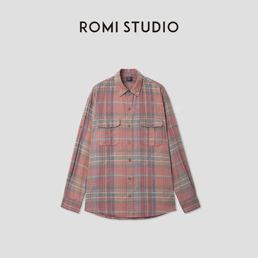 ROMI STUDIO“美式复古”棉麻感双面印花格子翻领衬衫 RWCASY5022  商品图0