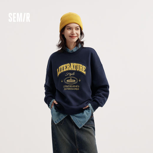 森马卫衣女设计感图案oversize发热抑菌冬绣花抓绒上衣慵懒学院风 商品图1