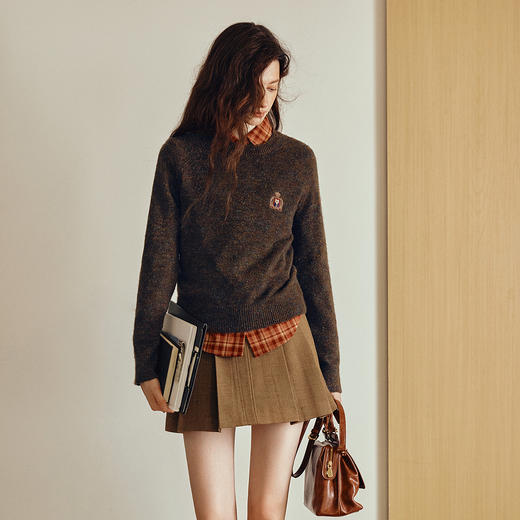 OLrain欧芮儿2025新款女秋季美拉德圆领花纱毛织套头衫长袖上衣 商品图0