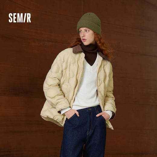 森马羽绒服女中长款轻薄肌理宽松2025新款撞色灯芯绒翻领冬装复古 商品图1