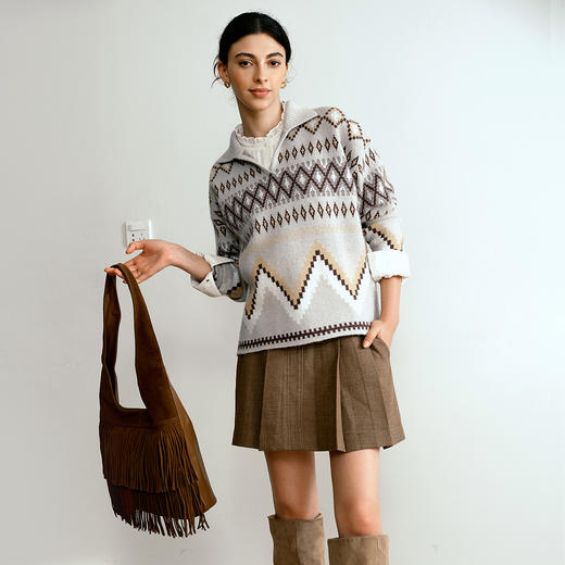 OLrain欧芮儿2025新款女秋季费尔岛复古几何毛织套头衫宽松上衣 商品图3