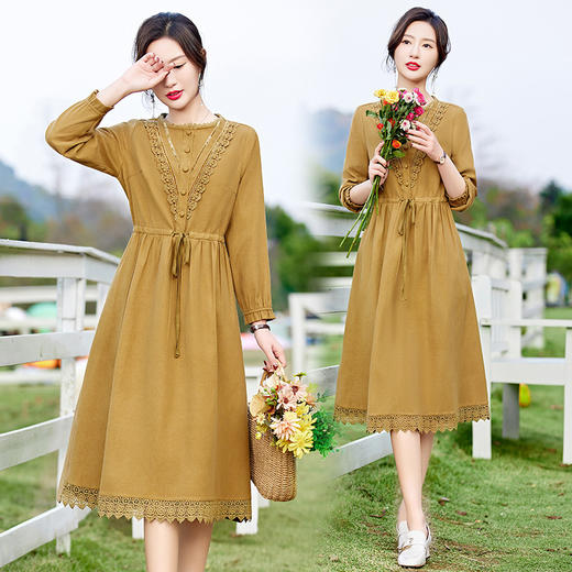 蕾丝花边棉麻，文艺风连衣裙HR-NYMYZ09 商品图1
