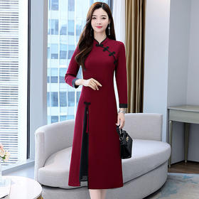 ZGUAN9012春秋季气质长袖民族风复古改良旗袍修身连衣裙显瘦中长款收腰开叉