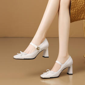 OLDH3718鞋子女2025新款百搭白色漆皮方头蝴蝶结粗跟玛丽珍鞋高跟鞋女单鞋