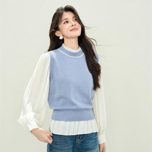 「自」全新升级【铂金会员220/天猫299/差价79】(10321)洛诗琳假两件针织撞色上衣2025秋季新款钉珠针织马甲上衣 商品图0