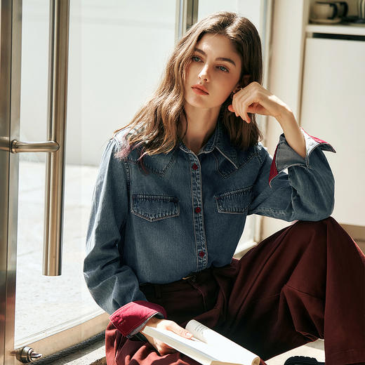 OLrain欧芮儿蓝色牛仔衬衫女秋季2025年新款港风复古撞色上衣 商品图0