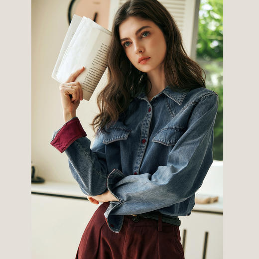 OLrain欧芮儿蓝色牛仔衬衫女秋季2025年新款港风复古撞色上衣 商品图3