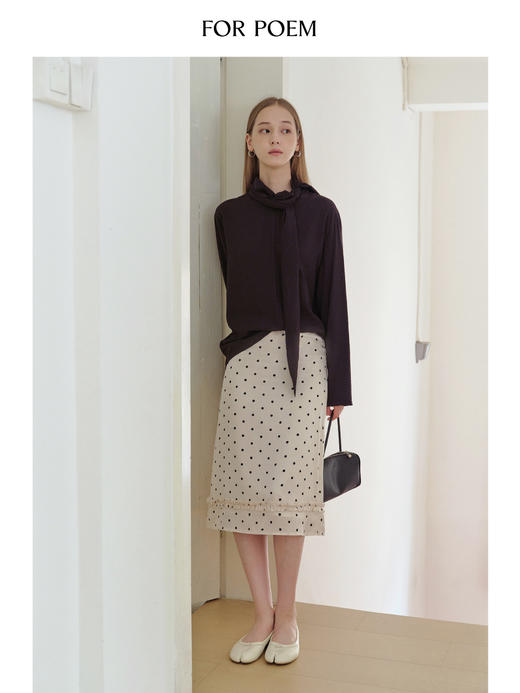 ForPoem 现货 25/FW原创设计醋酸波点褶皱花边中长款直筒半身裙 商品图1