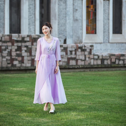 【林栖设计小店】【林栖推荐】幕山紫绣花合欢花天丝真丝不对称桑蚕丝飞片设计连衣裙女N1954111 商品图6