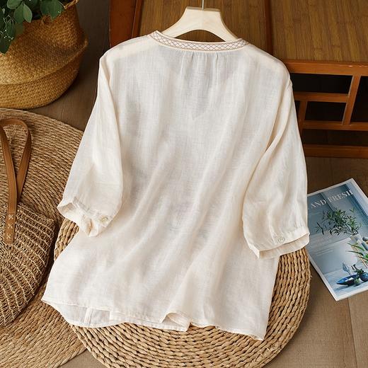 A109-33683368刺绣短袖T恤薄款复古苎麻肌理百搭上衣夏季文艺亲肤细麻衬衫 商品图1