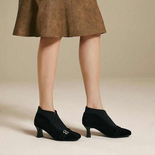 【静音系列】千百度羊皮弹力袜靴女秋冬新款粗高跟时装靴踝靴A25587007 商品图2