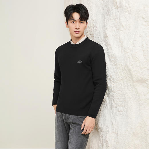 【含羊毛/可机洗/抗静电】柒牌男装2025秋季双层领套头绣花薄毛衫129Y70470 商品图1