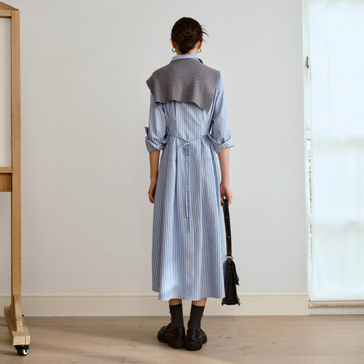 OLrain欧芮儿2025新款女秋季通勤蓝色条纹收腰衬衫连衣裙显示长裙 商品图3