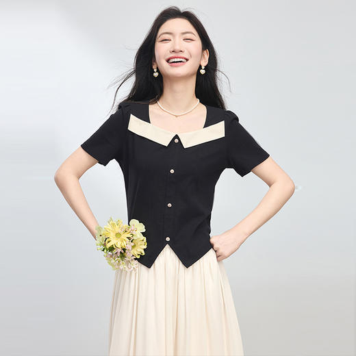 【专属特价】熙世界小香风套装开衩下摆拼色方领T恤上衣+简约半身裙两件套女2025新款 商品图3