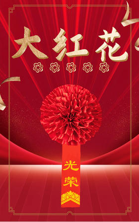  大红花 16cm光荣缎胸花+光荣退伍绸带