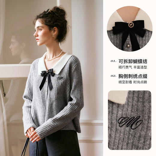 OLrain欧芮儿灰色翻领毛衣女秋季2025年新款法式学院风套头衫上衣 商品图1