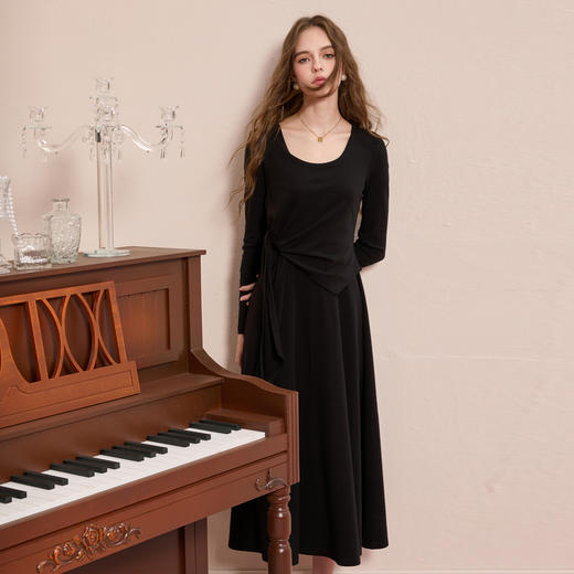 三彩2025秋季新款假两件连衣裙长袖A字裙长裙简约气质M 商品图2