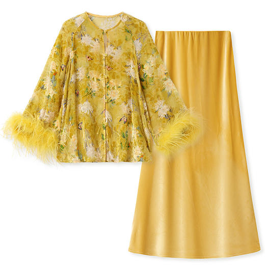 SS N7048新中式国风提花袖口羽毛拼接设计外套半裙套装 商品图4