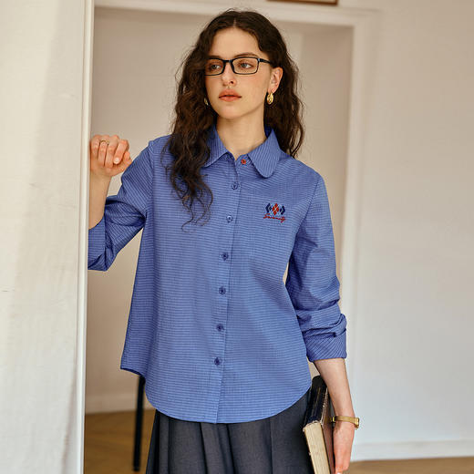 OLrain欧芮儿2025新款女秋季蓝色格子通勤设计感衬衫小众宽松上衣 商品图0