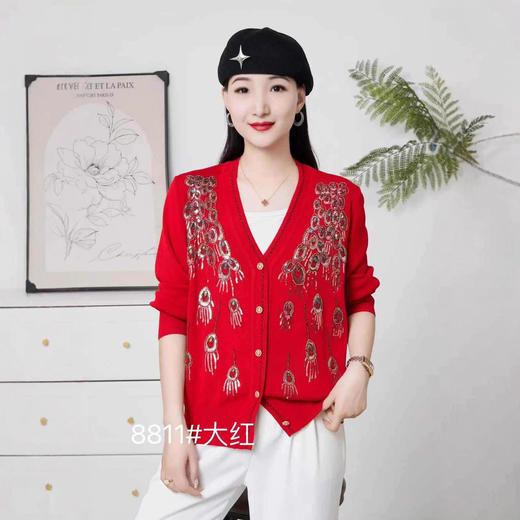 FCY JY8811复古钉珠刺绣针织开衫单排扣V领毛衣 商品图0