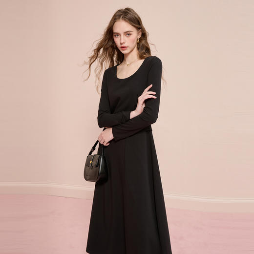 三彩2025秋季新款假两件连衣裙长袖A字裙长裙简约气质M 商品图3