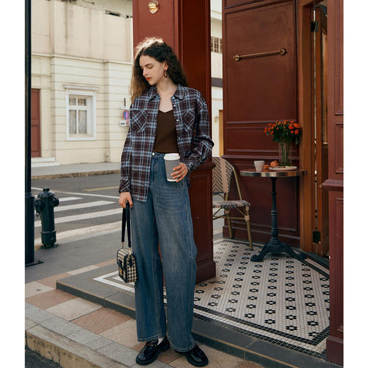 OLrain欧芮儿休闲复古磨毛格子衬衣外套女秋季2025新款宽松衬衫 商品图3