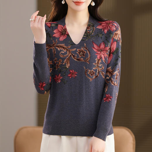 FCY SJ25823时尚复古印花宽松羊毛针织洋气上衣 商品图1