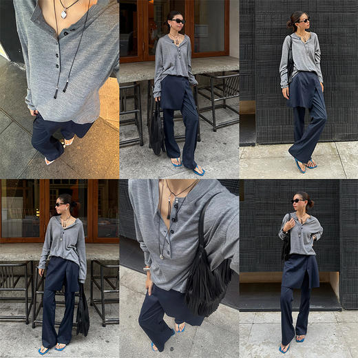 HIDEMI 进口澳洲美利奴羊毛极细高织纱线纽扣式亨利领廓形圆领毛衣 白色/马斯正红/灰色/藏蓝色 商品图1