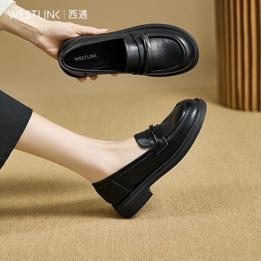 西遇平底乐福鞋女新款秋季法式简约一脚蹬低跟单鞋黑色小皮鞋V1857104 商品图0