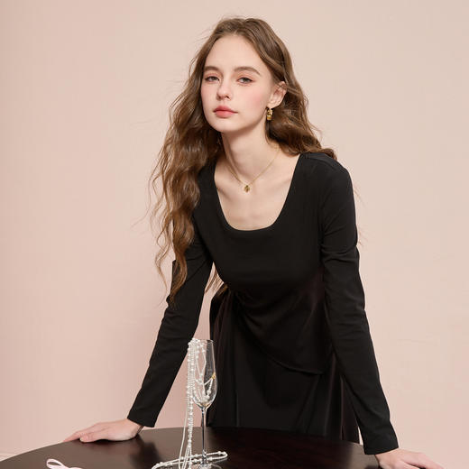 三彩2025秋季新款假两件连衣裙长袖A字裙长裙简约气质M 商品图1