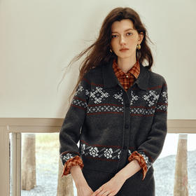 OLrain欧芮儿2025新款女秋季灰色费尔岛提花复古风厚毛织开衫上衣