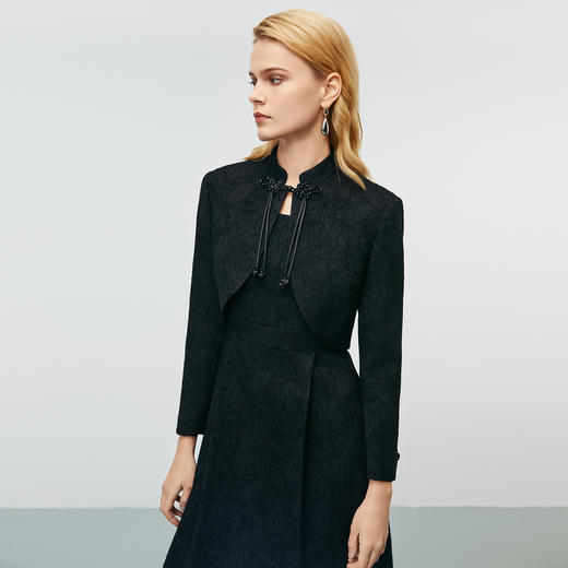 EITIE爱特爱秋季新款新中式改良旗袍暗纹黑色显瘦礼服连衣裙7977612 商品图2