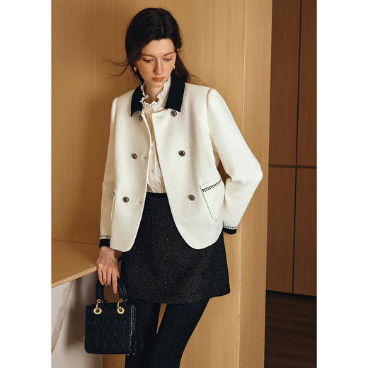 OLrain欧芮儿2025新款女秋季米白色撞色法式小香风粗纺外套上衣 商品图0