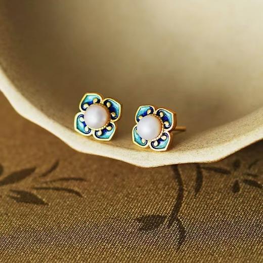 四合如意淡水珍珠耳钉S925纯银新中式国风珐琅耳饰品DQ11648E 商品图4