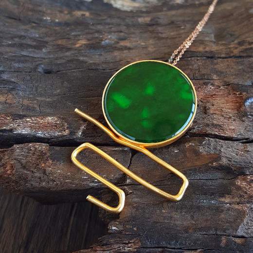 【天然正品】A货翡翠AU750黄金镶天然细腻满绿圆形翡翠胸针吊坠两用款44.1*36.6*5.8MM（皆取最大值）链长：45CM（长度可调节）女士现售价：9680！210825XY04 商品图4