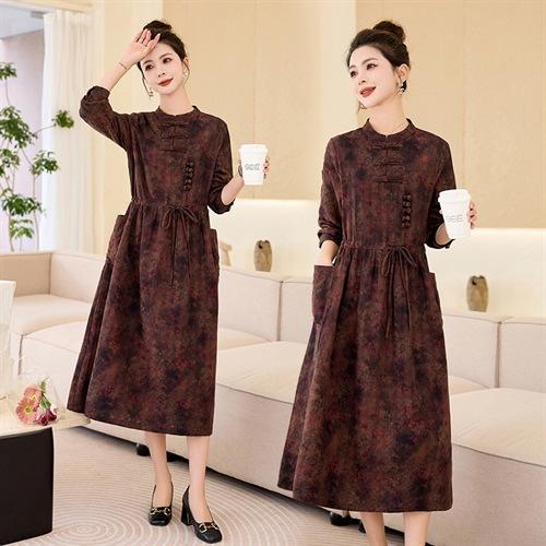 新中式复古盘扣碎花连衣裙，抽绳收腰气质棉麻长裙子HR-NYMYZ3307 商品图1