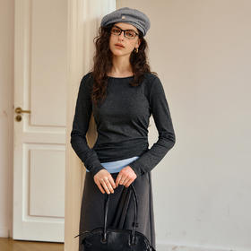OLrain欧芮儿通勤灰色通勤抽褶设计感T恤女秋季2025新款长袖上衣